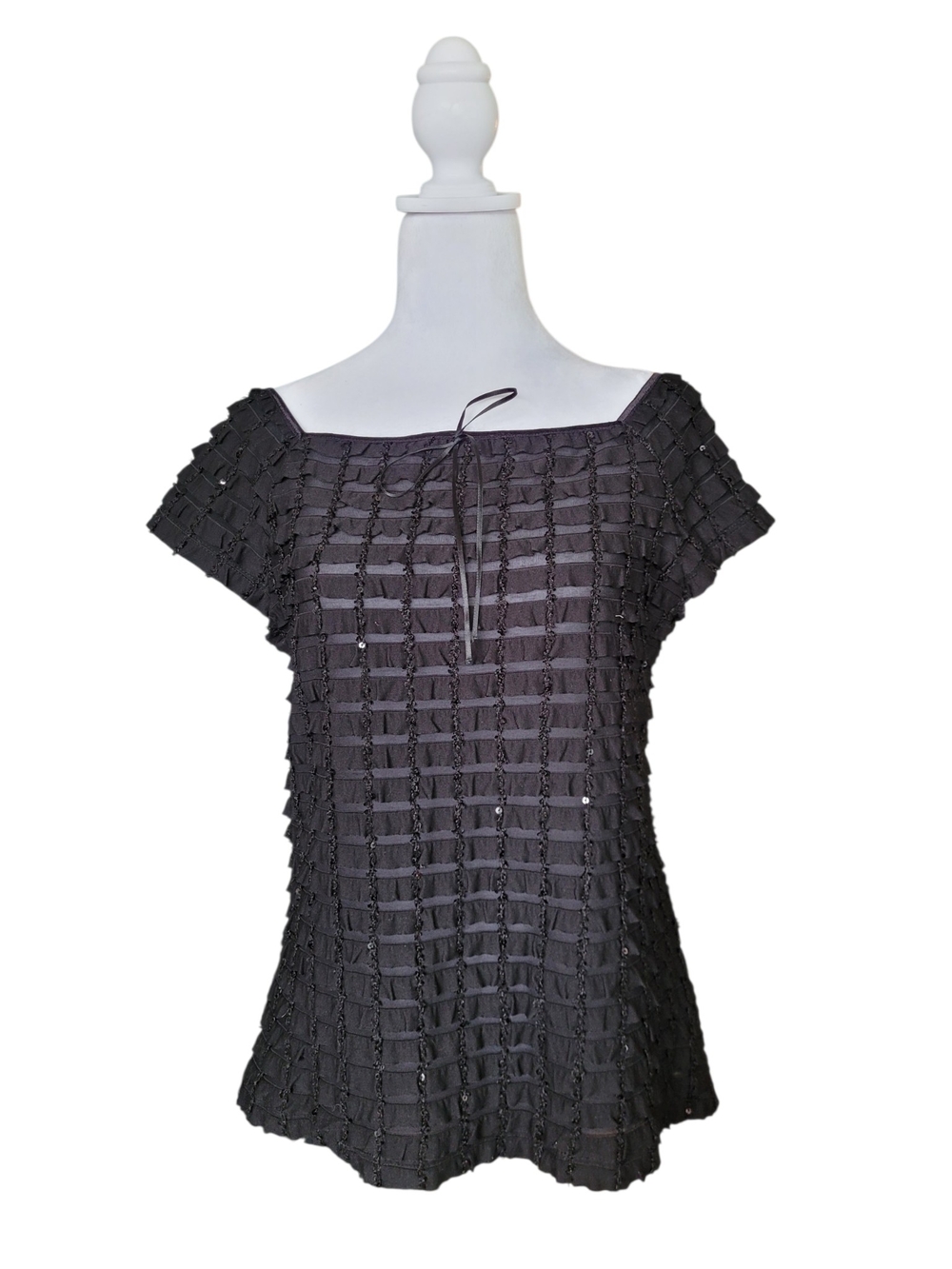 Vintage Black Lattice Short Sleeve Top With Sequins Dark Coquette Medium